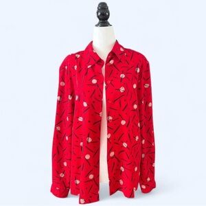 Vintage Liz  Baker Red and Black Polka Dot Button Up Blouse Retro Eclectic 14